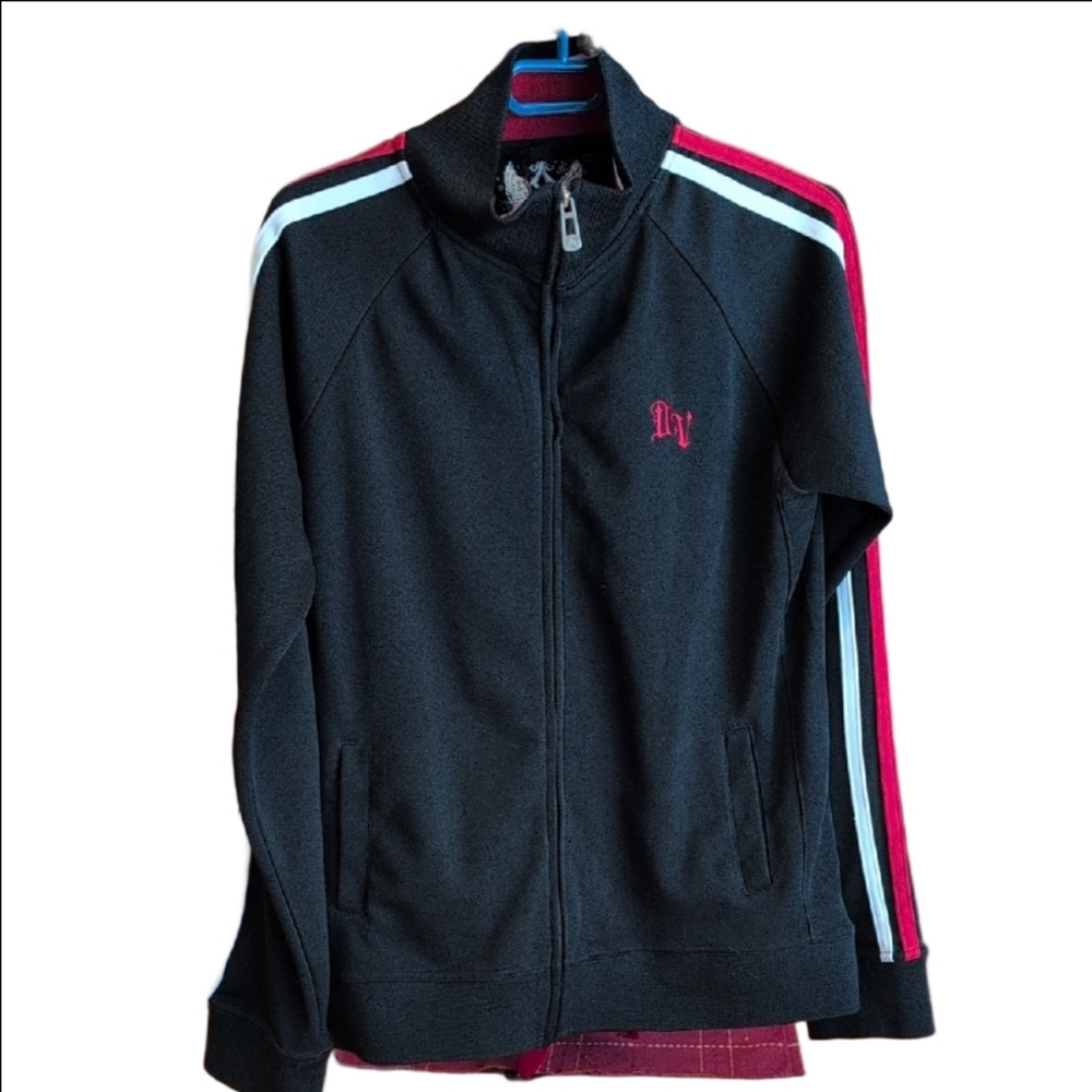 Death Valley Black Zip Up Jacket Red White Stripes Men's L like New